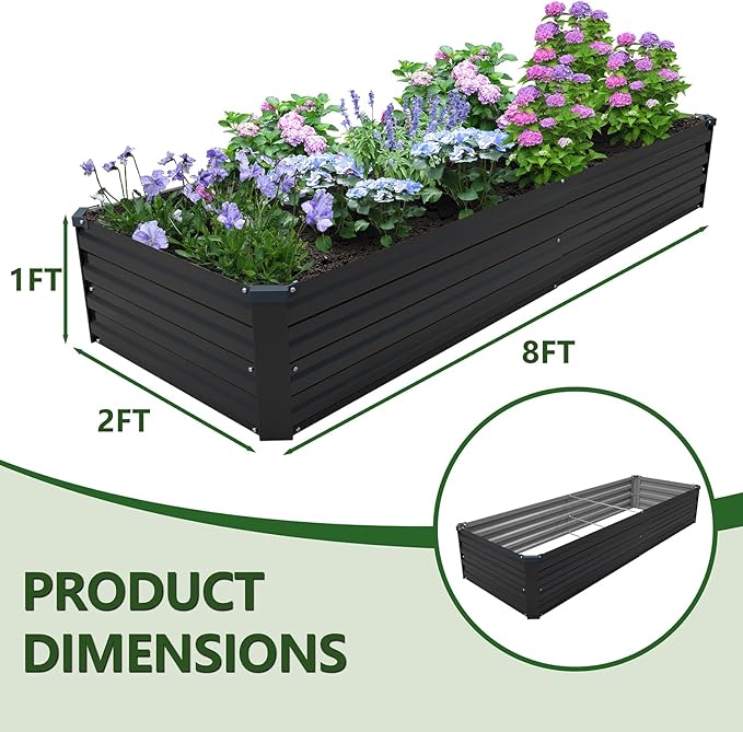 ZUNUDA 8×2×1FT(2PCS) Galvanized Raised Garden Bed Kit, Metal Planter Boxes,Large Outdoor Planters Garden for Planting Vegetables,Flowers,Herbs -Black