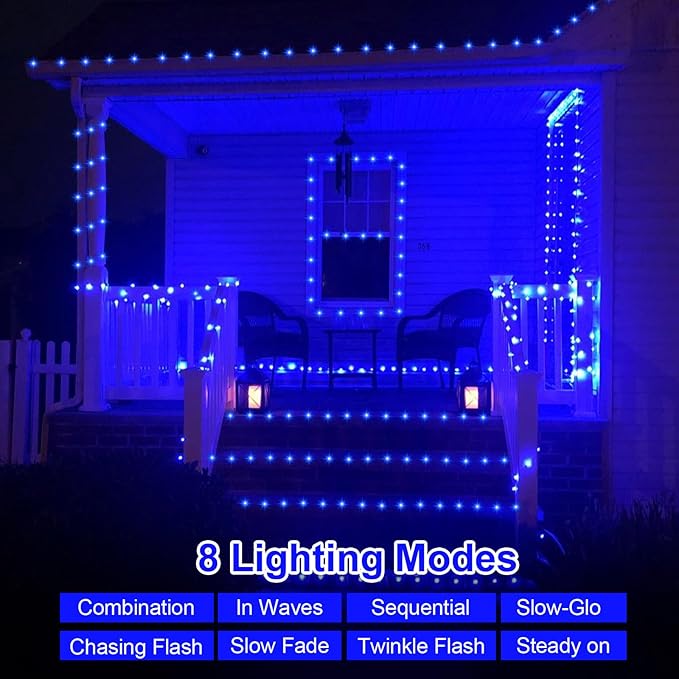 QITONG 4 Pack Solar Fairy Lights, Each 33ft 100 LED Blue Christmas String Light Outdoor Waterproof, 8 Modes Silver Wire Twinkle Mini Lights