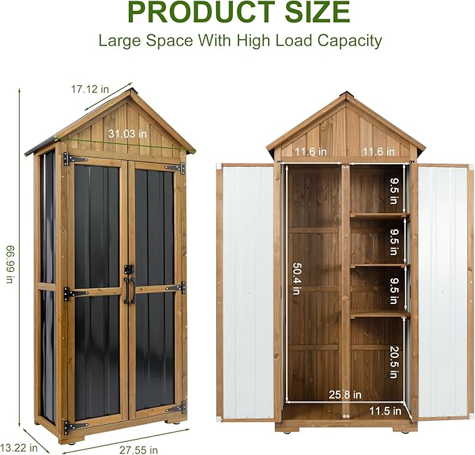 Wood & Metal Outdoor Storage Cabinet with Waterproof Roof, Garden Tool Shed with 6 T-Hinge, 4 Reinforced feet with Metal Brackets and 6 Adjustable feet, 3 Removable Shelves, 13.2X 31x 67IN