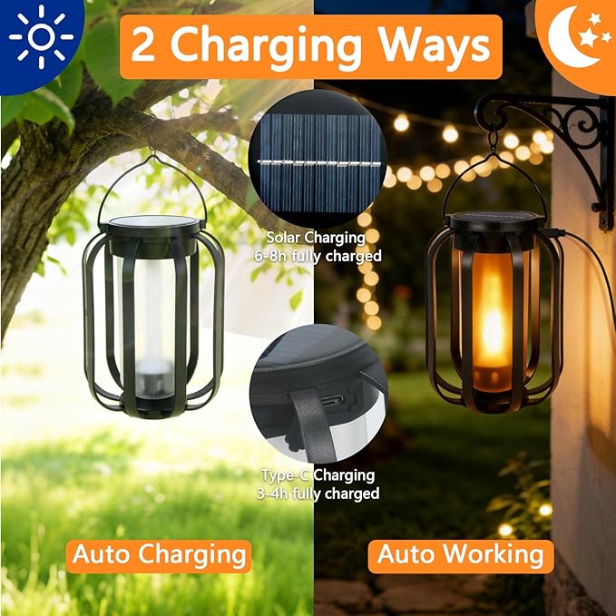 (New) 2 Pack Solar Lanterns Lights, Solar Lights Outdoor with Flickering Flame, 4 Modes Waterproof Hanging Lantern Decorative, Solar Powered Lanterns for Yard Patio Proch Tree Garden Decor