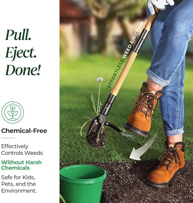 Weed Puller Tool, Stand Up Heavy Duty Weed Remover Tool with Long Handle , Foot Platform Design - 4 Claw Steel Head Weeder Tool, Bamboo Garden Hand Weeding Tool, Smoothly Remove Weeds Without Kneeling