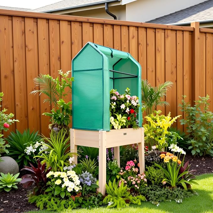 ZSYWODFO Raised Garden Bed with Greenhouse Cover,Elevated Wood Planter Box with Legs & Non-Woven Liner,34" L x18 W x 66" H Indoor Outdoor Gardening Bed for Vegetables, Herbs, Flowers