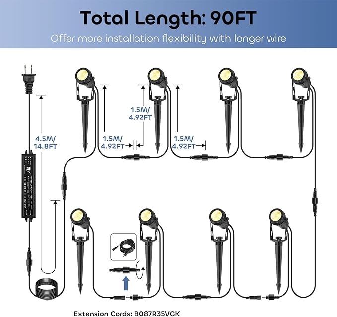 ECOWHO Landscape Lighting with Transformer, IP65 LED Outdoor Spotlights Waterproof 30W 2000LM Warm White 3000K Garden Lights, 90ft Cable for Garden Pathway Yard Tree Uplighting Patio (8 Pack)