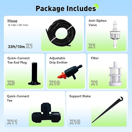 RAINPOINT Quick-Connect 1/4 Drip Irrigation Tubing Adjustable Water Flow Rate Accessories Kit/Expansion Kit Pack for Extra 10 Plants, Dripline Tubing (ID: 1/6” / 4mm & OD: 1/4” / 6mm)