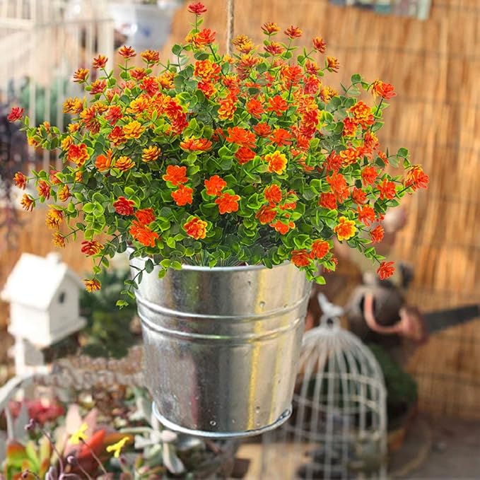10 Bundles Artificial Fake Flowers, Faux Outdoor Plastic Plants UV Resistant Shrubs Outside Indoor Decorations (Orange-Eucalyptus)