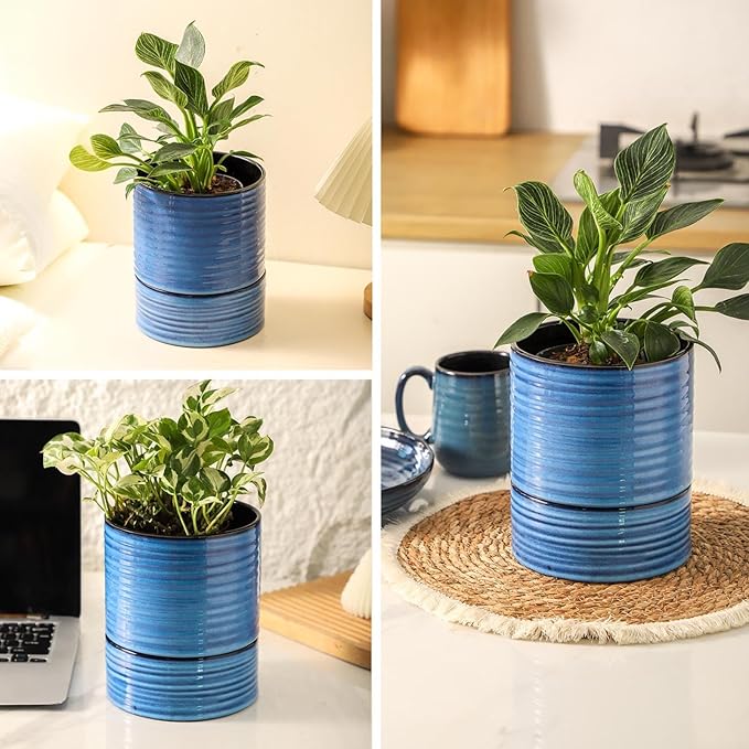 HASENSE Plant Pot, 6 Inch Ceramic Plant Pot with Drainage System and Matching Saucer, Ideal for Indoor Herb Gardens and Office Spaces,Modern Blue Home Office Decorative Gifts