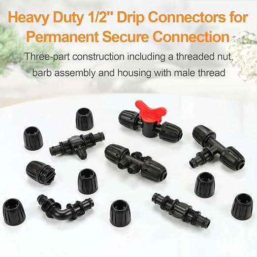 Copadri 25 Pieces 1/2 Inch Drip Irrigation Fittings Kit, 1/2'' Drip Line Barbed Fittings for 1/2 Inch Irrigation Tubing (1/2" ID x 0.640" OD) Anti-Leak Lock Nut Connectors for Garden Drip System