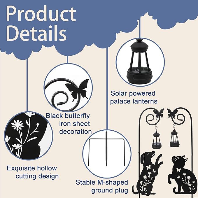 Solar Dog and Cat Lantern Garden Stakes - Outdoor Decorative Solar Lights for Yard, Patio, Pathway - Weatherproof Metal Pet Stake with Auto Night Lighting