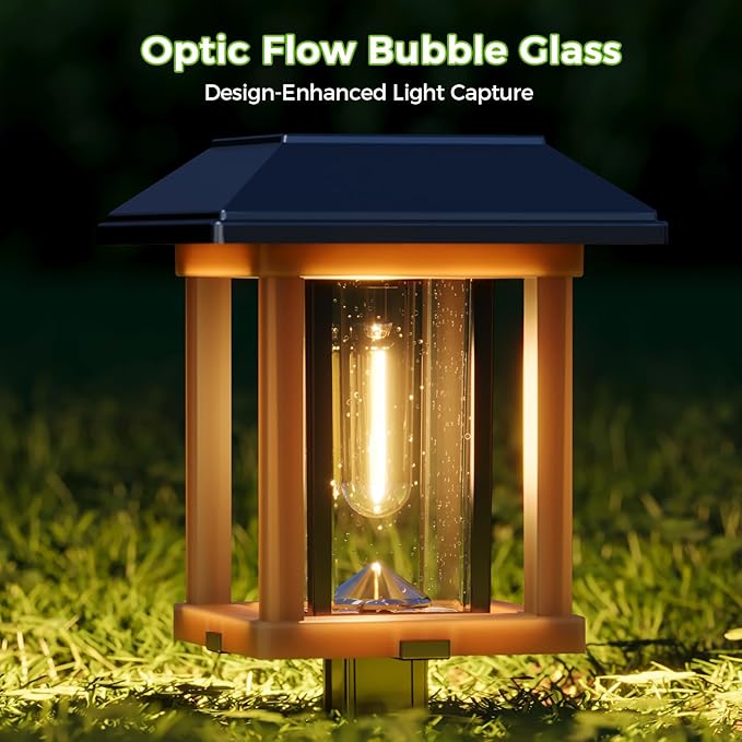 XMCOSY+ 4-Pack Solar Pathway Lights Outdoor, 25 Lumens Vintage Edison LED Landscape Lighting, IP65 Waterproof Seeded Glass & Metal Stakes Solar Powered Garden Lights for Yard Patio Walkway Driveway