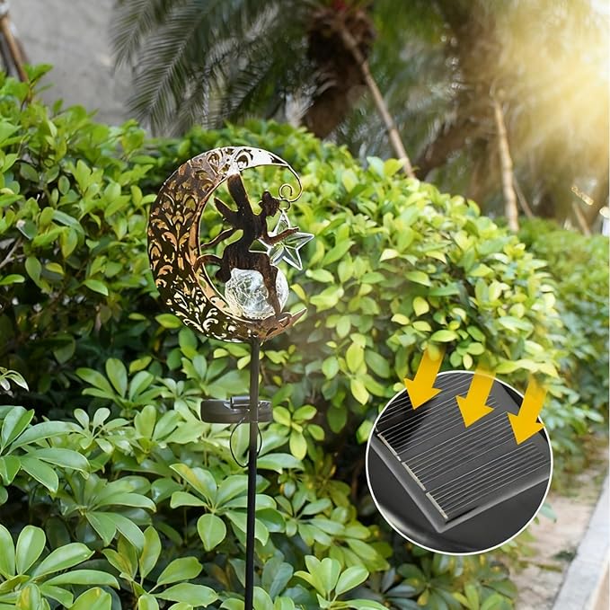 Solar Lights Garden Decorations Outdoor-Moon Fairy Lights with Crackle Glass Globe, Lawn Decorative Lights Waterproof Warm White LED, Decoration for Pathway Lawn Patio Courtyard Backyard(Moon Fairy)
