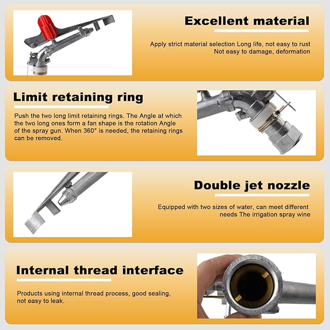 1.5" Agriculture Farm Irrigation Sprinkler Lawn Sprinkler Irrigation Spray Gun Large-Area Watering Spray 360° Rotary Farm Lawn Garden Irrigation, Pack of 2