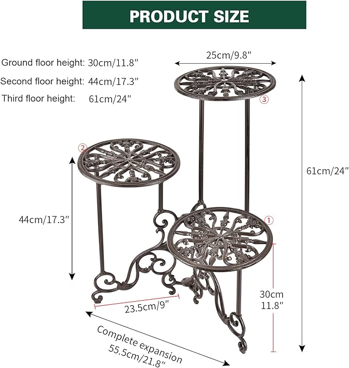 Sungmor Heavy Duty Cast Iron Plant stand, 3 Tier Foldable Metal Plant Shelf, 24in Tall Vintage Flower Pot Holder Indoor Outdoor Tiered Plant Stand, Rustic Plant Display Rack for Corner Balcony Patio