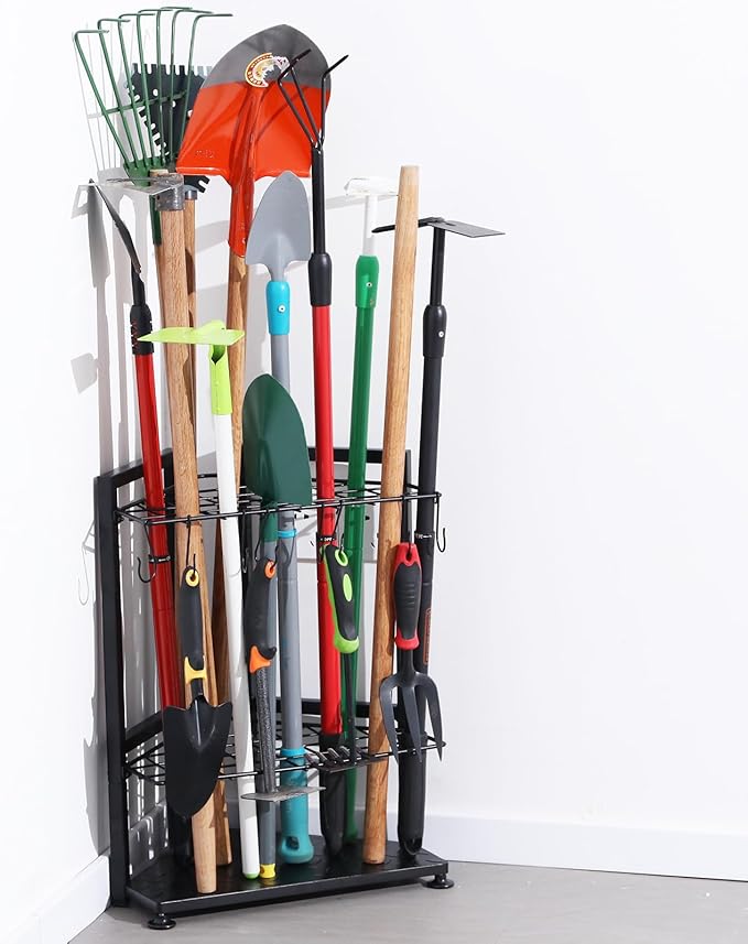 YueTong Garden Tool Organizer for Corner,Yard Tools Rack for Garage Storage Organization,Garage Tool Holder Free Standing No Mount.Heavy Duty and Solid Metal for Indoor and Outdoor Use.