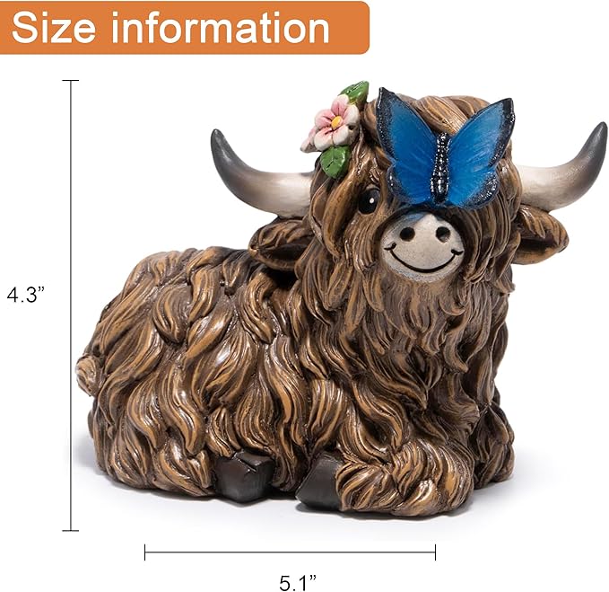 basen Solar Highland Cow Garden Statue with Lighted Butterfly, Resin Outdoor Yard Decor with Solar Panel, Waterproof Lawn Patio Ornament for Garden, Pathway, Backyard Decor Gift