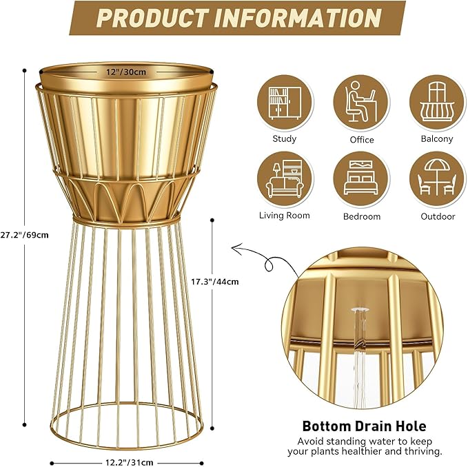 Metal Plant Stand with Pot 12" - Tall Decorative Metal Plant Holder Stand Indoor, Gold Plant Stand Modern Flower Potted Rack for Corner Display, Living Room, Office, Modern Home Decor- Height 27"