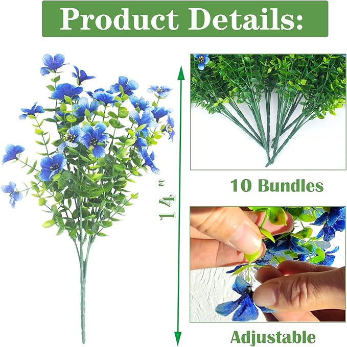 10 Bundles Artificial Flowers Outdoor UV Resistant Fake Flowers No Fade Faux Plants Garden Porch Window Box Decorating (Blue)