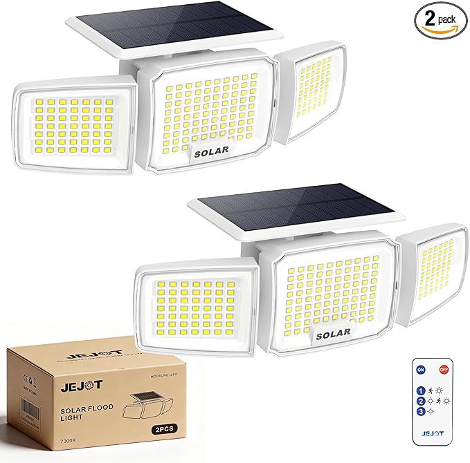 White Solar Security Light Outdoor Super Bright LED, Motion Sensor Flood Light, 3 Heads 270° Wide Angle, Remote Control, IP65 Waterproof, 3 Modes (2 Packs)