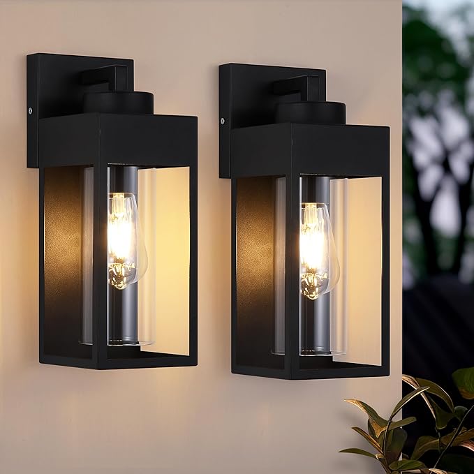 2-Pack Outdoor Wall Light Fixture, Exterior Porch Light with E26 Sockets &Glass Shades, Modern Wall Sconce for House Patio Garage Door