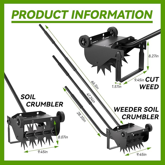 Rotary Cultivator Tool, 2-in-1 Garden Weeder and Crumbler Soil Hand Tiller for Gardening, Hand Garden Tiller with 66.5 Inch Adjustable Foam Handle