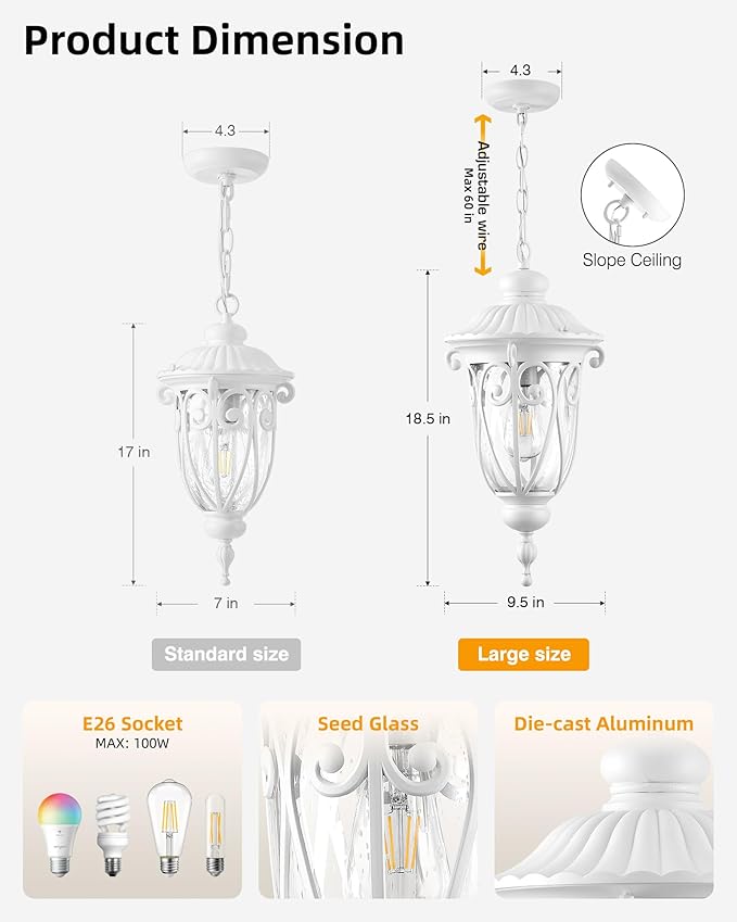 VIANIS Large Outdoor Pendant Light Lantern, White Modern Outdoor Chandelier, Handcrafted Hanging Outdoor Lights with Seed Glass, Outdoor Ceiling Lights for Porch, House, Doorway, Garden, Entryway