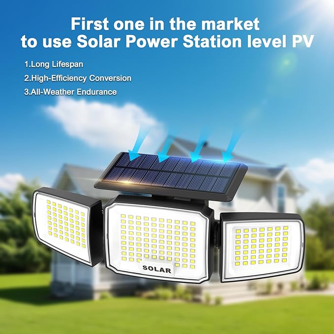 Solar Security Light Outdoor Super Bright LED, Motion Sensor Flood Light, 3 Heads 270° Wide Angle, Remote Control,IP65 Waterproof, 3 Modes (2 Packs)