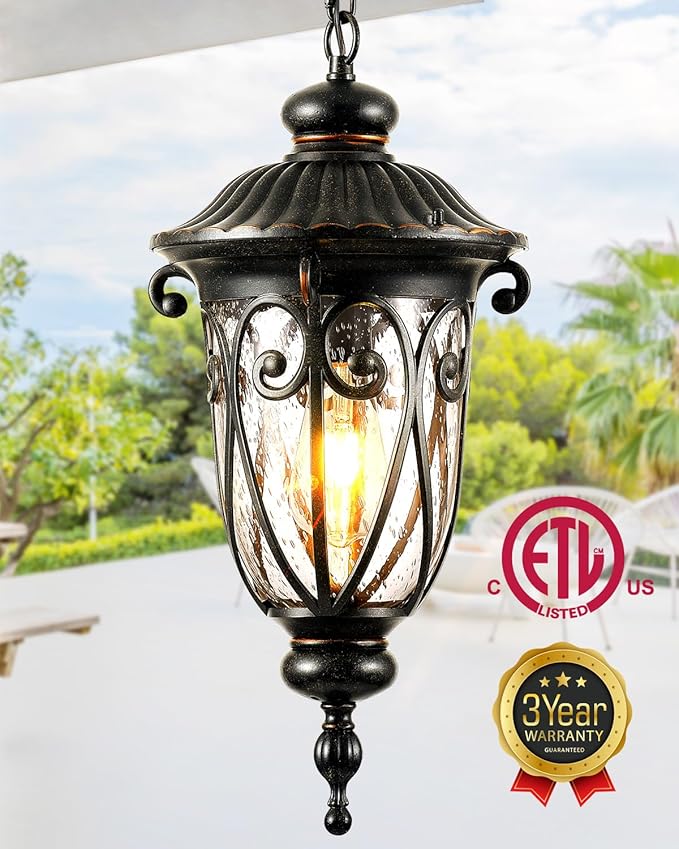 VIANIS Large Outdoor Pendant Light, Vintage Outdoor Chandelier, Farmhouse Waterproof Hanging Lights with Seed Glass, Ceiling Lights for Porch, House, Garden, Doorway, Anti-Rust