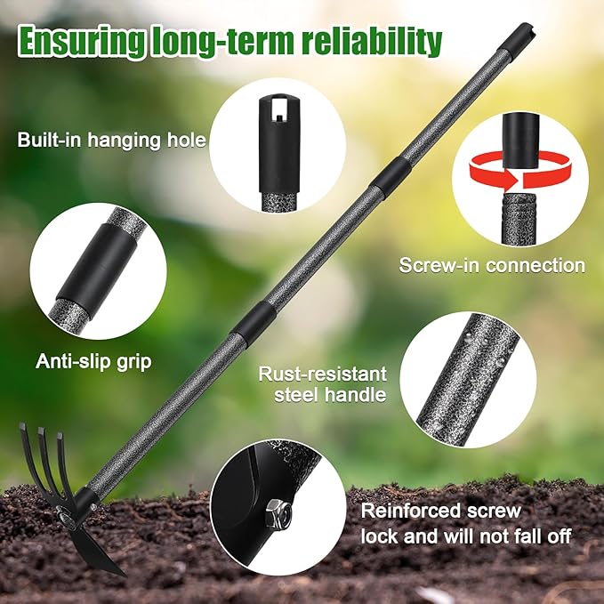 2-in-1 Garden Hoe Tool with Cultivator Rake, 45" Long Handle Small weed Hoe for Weeding, Heavy Duty hand tiller Gardening Hoes for Raised Beds, Backyards,Indoor Greenhouse, Outdoor Planting