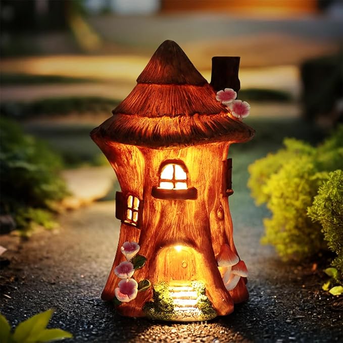 Solar Light Fairy Tree House - Fun Natural Figurine Sculpture with Solar LED Lights for Indoor Outdoor Art Decorations, Patio Yard Lawn Ornaments Gift