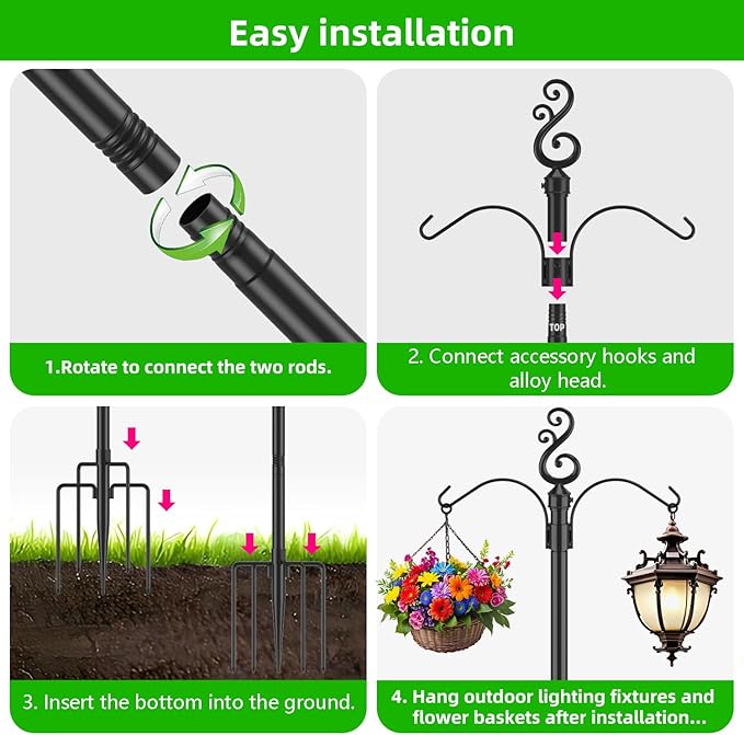 10 Ft Height 1 Inch Diameter String Light Poles StringLight Stand with Hooks Metal Poles for Outside Patio Yard Garden Backyard (10Ft Pole with Hooks, 4)