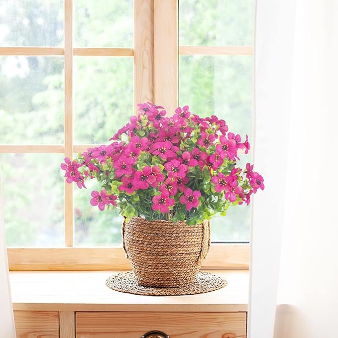 10 Bundles Artificial Flowers Outdoor UV Resistant Fake Flowers No Fade Faux Plants Garden Porch Window Box Decorating (Rose Red)