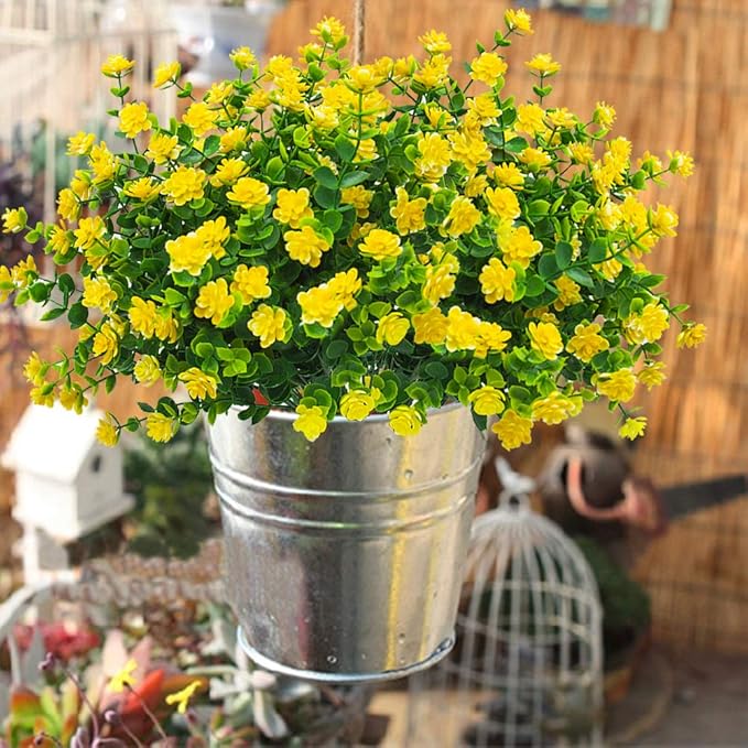 10 Bundles Artificial Fake Flowers, Faux Outdoor Plastic Plants UV Resistant Shrubs Outside Indoor Decorations (Yellow-Eucalyptus)