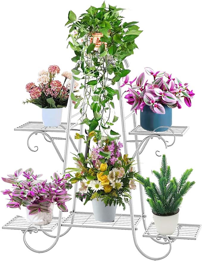 CarolynDesign 6 Tier Plant Stands for Indoors and Outdoors,Flower Pot Holder Shelf for Multi Plants,White Metal Plant Stand for Patio