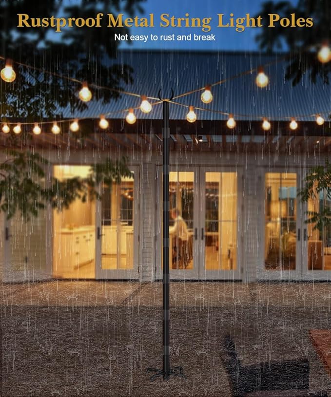 10Ft String Light Poles for Grass & Soil, Outdoor Light Stand with 5-Prong Fork Base, Heavy-Duty Metal Poles for Backyard, Garden & Patio Party Lighting, Rustproof & Adjustable