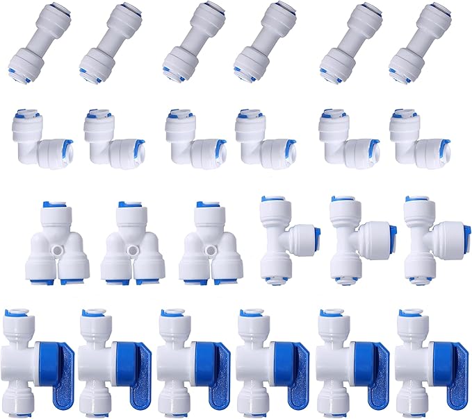 1/4" OD Quick Connect Push in to Connect Water Tube Fitting for RO Reverse Osmosis Water Filter(Ball Valve + T + I + L + Y, 24 Pack),White