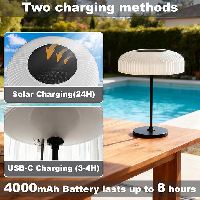 Solar Outdoor Table Lamp - Waterproof Shower Lamps with Light Sensor, Touch Dimmable Cordless Table Lamp Rechargeable for Garden Patio Bathroom Bedroom, lámpara de escritorio