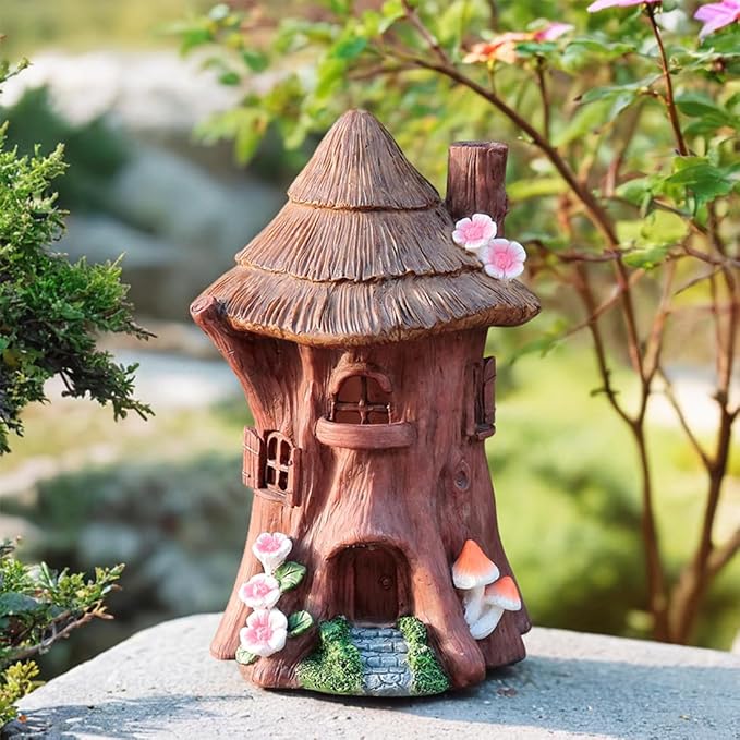 Solar Light Fairy Tree House - Fun Natural Figurine Sculpture with Solar LED Lights for Indoor Outdoor Art Decorations, Patio Yard Lawn Ornaments Gift