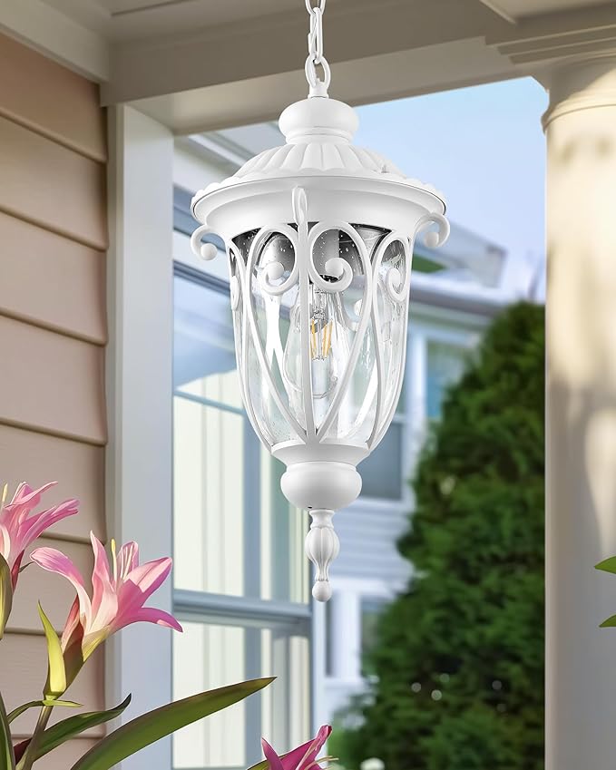VIANIS Large Outdoor Pendant Light Lantern, White Modern Outdoor Chandelier, Handcrafted Hanging Outdoor Lights with Seed Glass, Outdoor Ceiling Lights for Porch, House, Doorway, Garden, Entryway