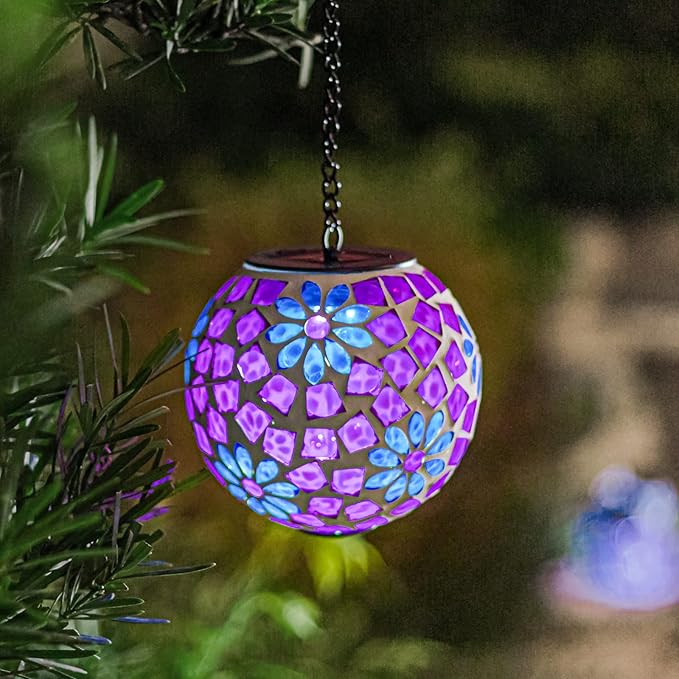 VCUTEKA Hanging Solar Lights Outdoor - Solar Powered Waterproof Landscape Lanterns with Mosaic Design for Patio, Yard, Garden and Pathway Decoration
