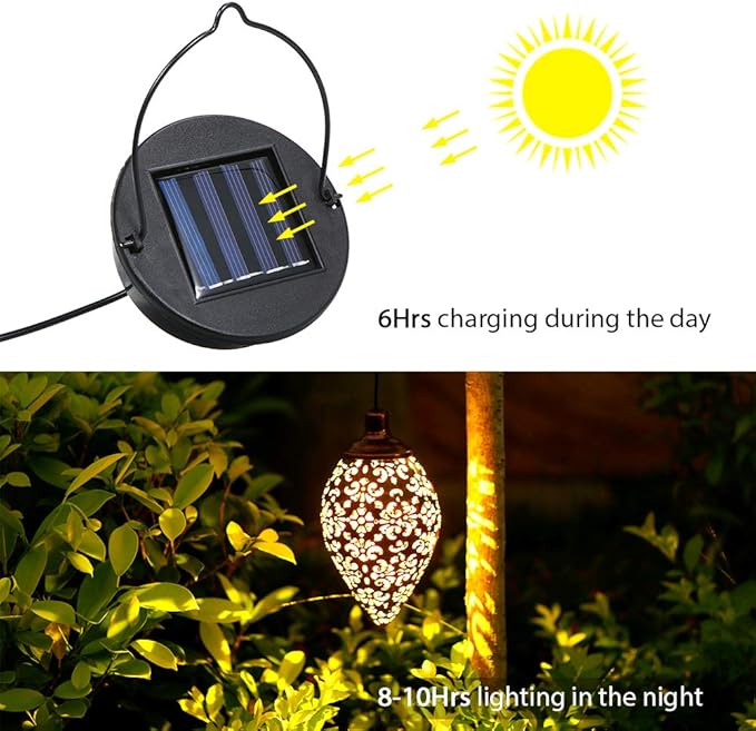 (2 Pack) Hanging Solar Lights, Tomshine Solar Lantern LED Moroccan Garden Decor, Metal Solar Lanterns Outdoor Waterproof for Outside, Patio, Porch, Pathway Hanging Decor