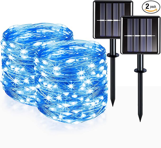 suddus 2 Pack 33ft Solar Fairy String Lights Small, 100 Led Blue Solar Fairy Lights Outdoor, 8 Modes Solar Christmas Lights Copper Wire for Trees Garden Patio Yard Deck Fence Party Decorations