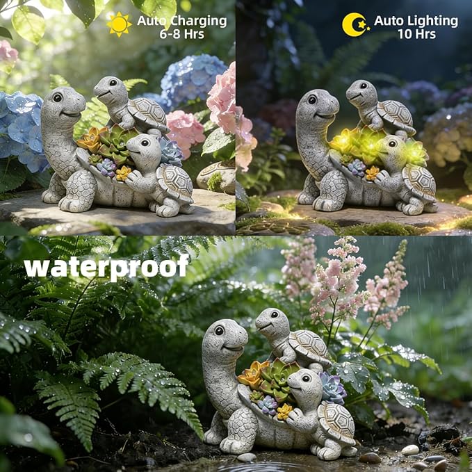 basen Solar Turtle Garden Statue with LED Succulent Lights, Resin Outdoor Tortoise Family Figurine, Waterproof Yard Lawn Patio Decor, Cute Animal Sculpture for Porch, Backyard, Gift