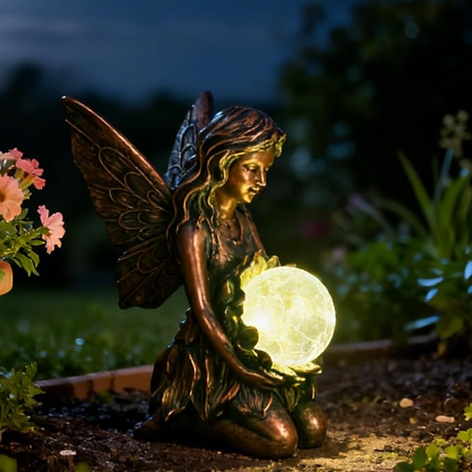 Garden Statues Outdoor Flower Fairy Decor,Solar Powered Outdoor Resin Statues-Patio Lawn Yard Porch, Funny Fairies Ornaments Figurines for Outside Garden Gifts,8.31 Inches Tall