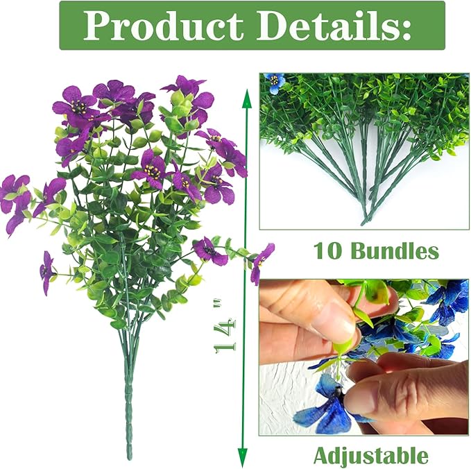 10 Bundles Artificial Flowers Outdoor UV Resistant Fake Flowers No Fade Faux Plants Garden Porch Window Box Decorating (Light Purple)