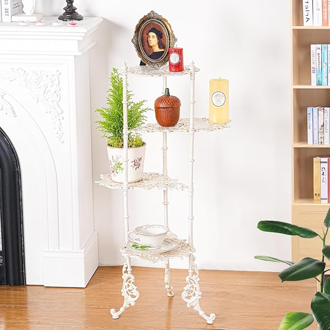 Sungmor Vintage Cast Iron 4-Tier Plant Stand, Elegant Butterfly & Floral Design with Antique White Finish, 36 Inch Tall Rustic Flower Pot Holder, Heavy Duty Metal Display Shelf for Indoor and Outdoor