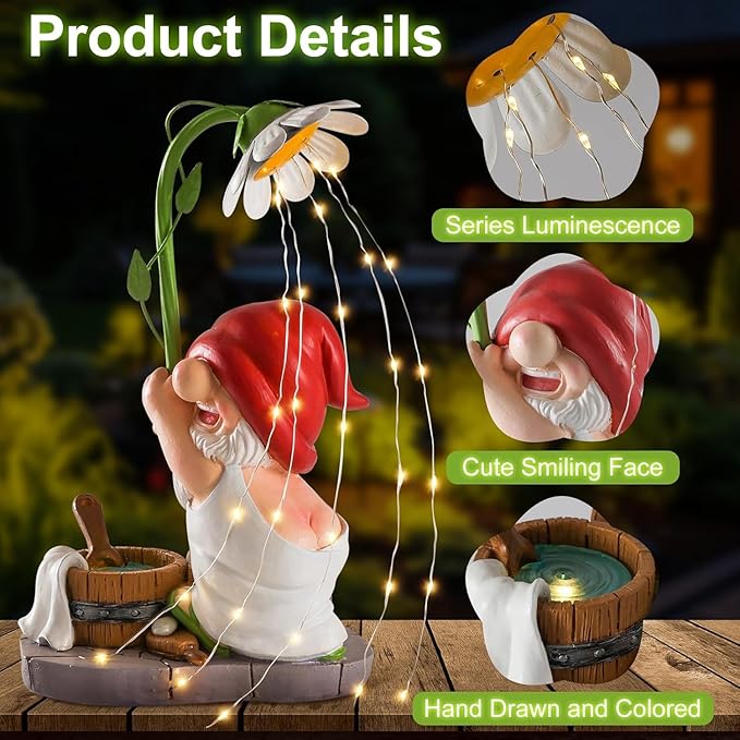 WINTS Garden Gnomes Outdoor Statue with Solar Lights,Bathing Funny Gnome Solar Garden Decorations for Lawn,Balcony,Yard,Patio Gnome Gifts for Mom