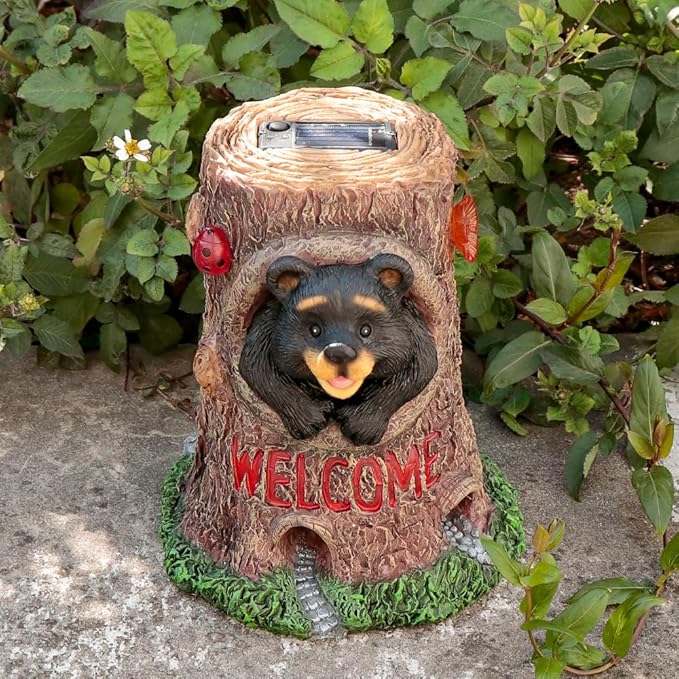 Solar Light Fairy Tree House with Bear Statue - Fun Natural Bear Figurine Sculpture with Solar LED Lights for Indoor Outdoor Art Decorations, Patio Yard Lawn Ornaments Gift