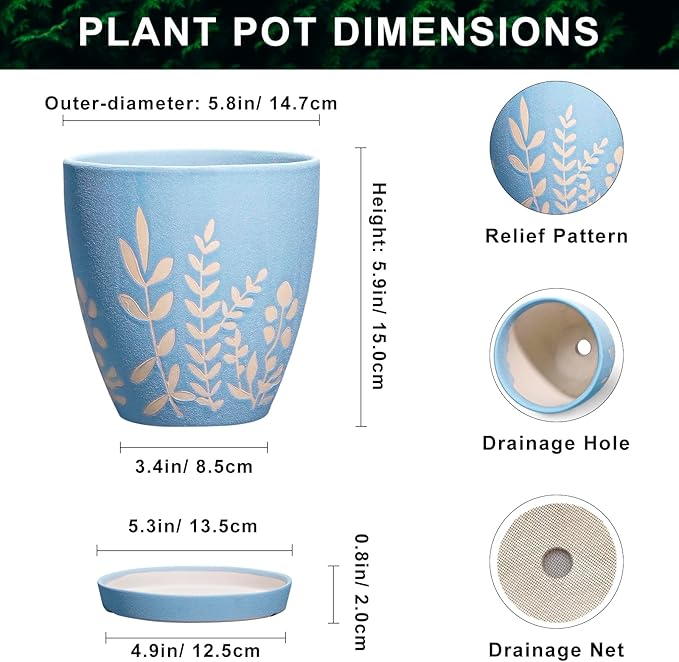 EPFamily 6 Inch Ceramic Plant Pot with Saucer - Small Flower Pot with Drainage for Succulents & Herbs, Boho Desk Home Office Room Decor, Plant Lovers Gifts, Blue