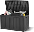 WTFGO 240 Gallon Large Resin deck box Waterproof,Outdoor Storage Bench,Patio Storage Box,Garden Tool Storage,UV-Resistant & All-Weather,Wood-like Striped BLack