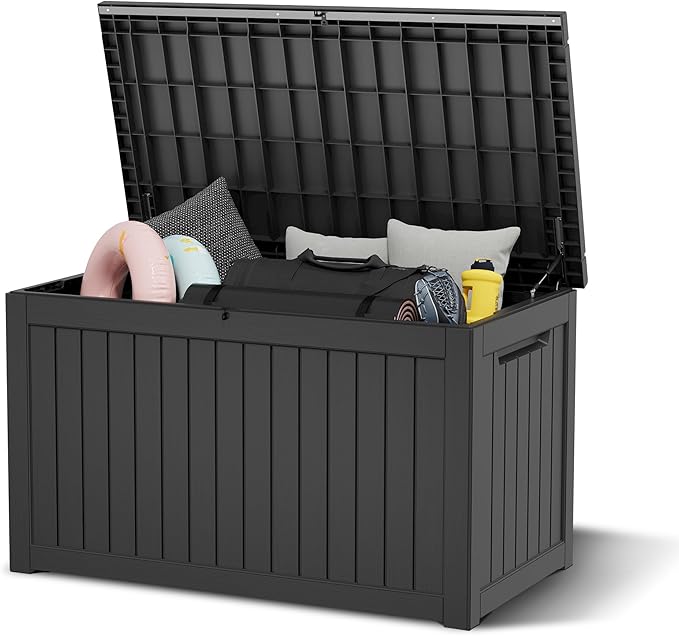 WTFGO 240 Gallon Large Resin deck box Waterproof,Outdoor Storage Bench,Patio Storage Box,Garden Tool Storage,UV-Resistant & All-Weather,Wood-like Striped BLack