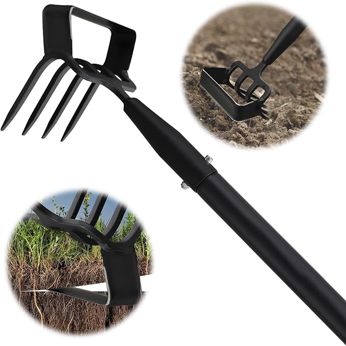 Garden Hoe, 72 Inch Soil Tiller Cultivator Stirrup Hoe, Heavy Duty 2-in-1 Garden Tool with Adjustable Long Handle, Action Scuffle Loop Hoe with Rake for Flower Beds, Garden Loosening Weeding Digging